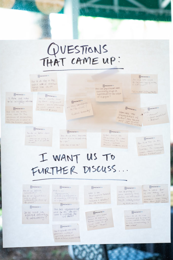 A large piece of white chart paper hangs on a window. The paper is covered in adhesive notes divided into two groups: Questions that Came Up and I Want to Further Discuss.